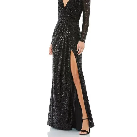 Mac Duggal Black Sequin Long Sleeve Sequin Faux Wrap Gown